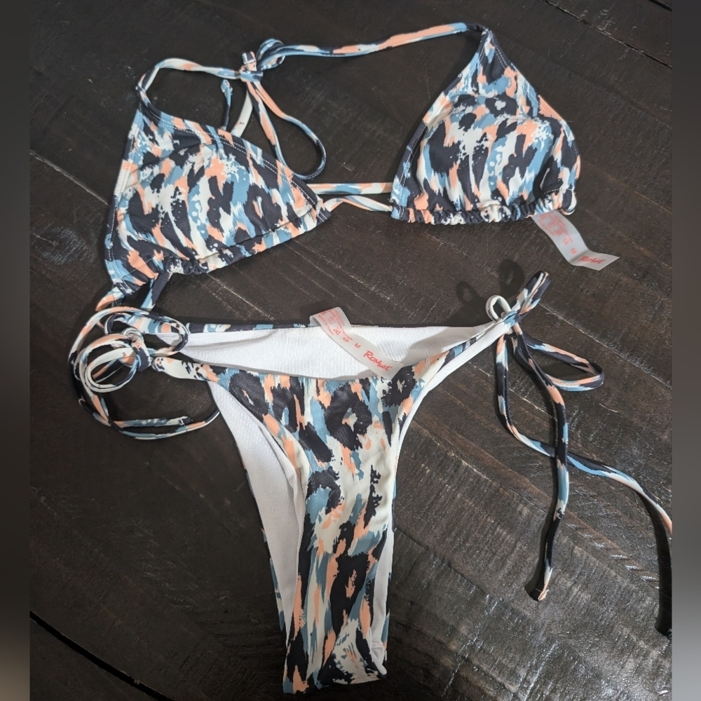 ROMWE Animal Print Blue and Orange Bikini Set with Adjustable Ties size M